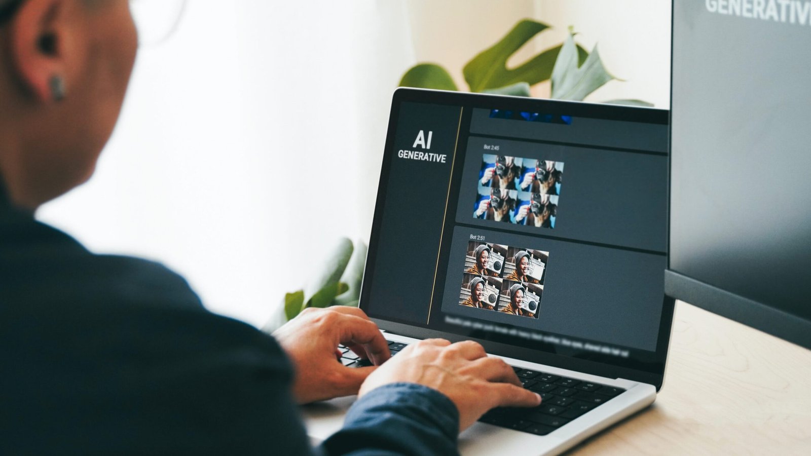 AI image generator app. Person creating photo art with Artificial Intelligence software in computer laptop. Technology trends